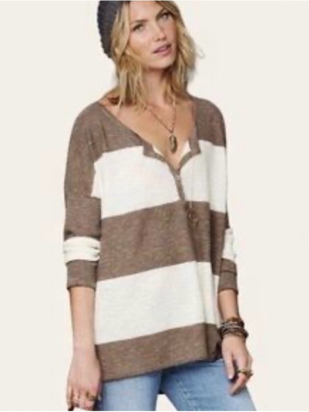 Free People Beach Gold Rush Oversized Henley Tunic Brown & Cream Stripe Size SP